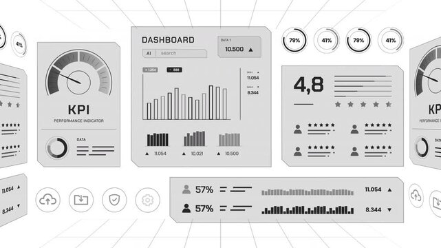 Wide 3D virtual grid space room overview presenting floating grayscale KPI performance dashboards and analytics panels.