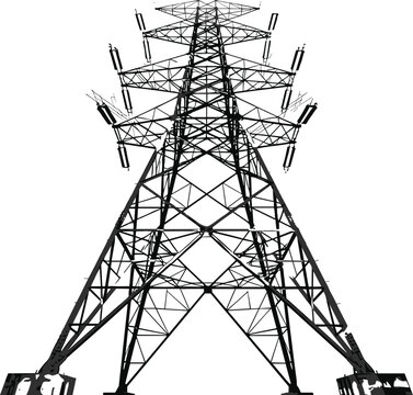 w angle view vector silhouette of a massive steel lattice electrical transmission pylon tower for high voltage distribution.