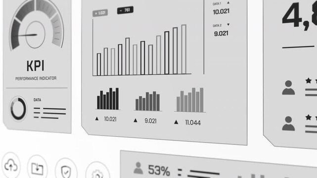 Perspective side view of clean grayscale digital interface tracking KPI speed meter, data bar charts, and customer ratings.