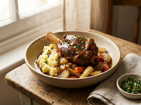 A delicious roasted lamb shank served with cooked vegetables in a bowl on a rustic wooden table top. veal osso bucco
