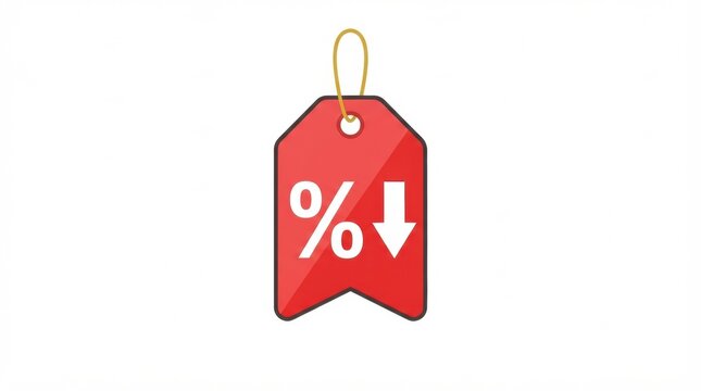A red discount tag displays a percentage symbol and downward arrow, indicating price cuts for shopping deals in retail ecommerce.