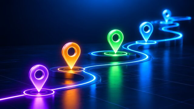 Winding neon light path with colorful glowing location pins representing a strategic business roadmap project milestones journey navigation and future planning concept