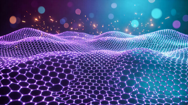 Sci-Fi 3D Octagonal Tessellation Wave Grid Landscape with Lilac Glowing Nodes and Turquoise Gradient