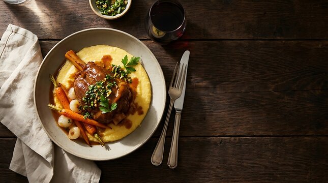Delicious braised beef stew with creamy polenta served in a round bowl on a dark rustic wooden table. veal osso bucco