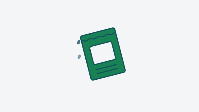 Seamless 4K looping animation of a flat seed packet icon in fresh green, centred on a clean light background with plenty of copy space. Simple two tone vector shapes and smooth motion. Horizontal 16:9