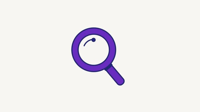 Animated flat search magnifier icon in a minimal vector style, purple and violet on a bright light background. Smooth 4K seamless loop with the symbol isolated in the centre of the frame, leaving room