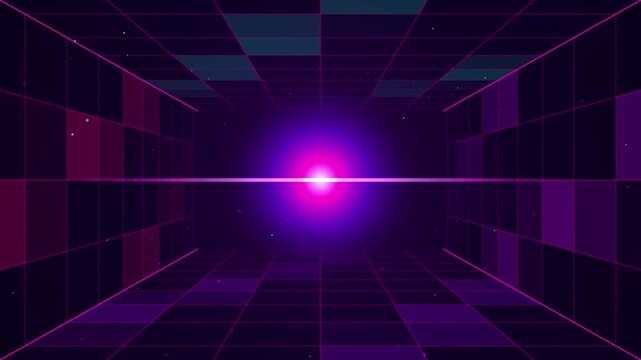 Retro futuristic neon grid tunnel moving towards glowing purple light synthwave style.