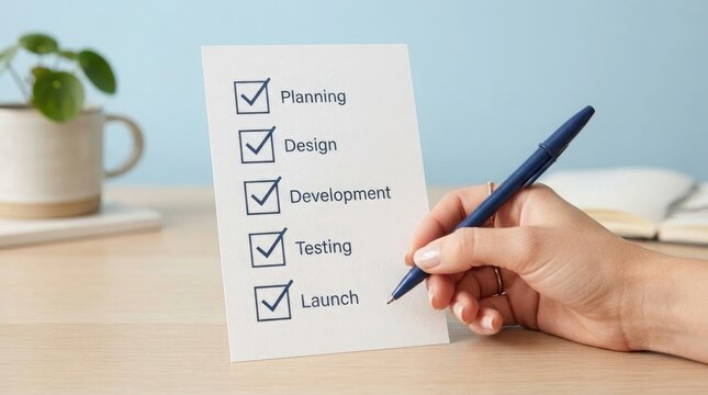 Hand checking project phases checklist on paper