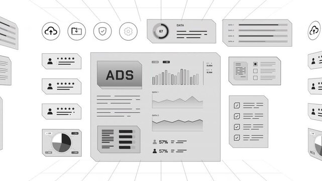 Wide 3D virtual grid space room overview presenting floating grayscale advertising campaign dashboards and marketing panels.