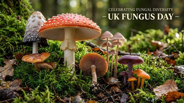 Various wild mushrooms growing in a lush forest during uk fungus day