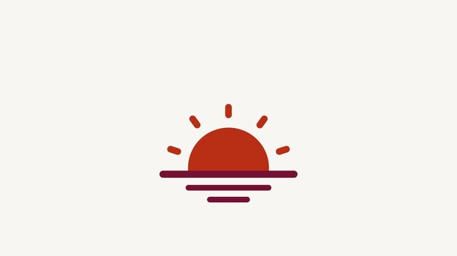 Animated flat sunrise horizon icon in a minimal vector style, red and crimson on a bright light background. Smooth 4K seamless loop with the symbol isolated in the centre of the frame, leaving room fo