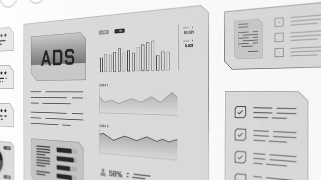 Perspective side view of clean grayscale digital interface tracking online advertising campaigns, bar graphs, and checklist panels.