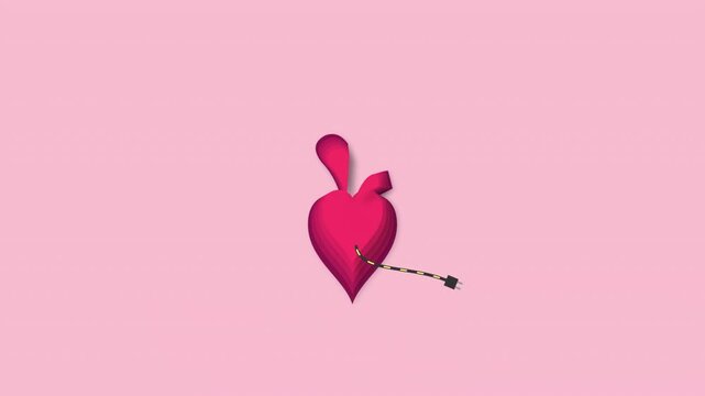 3D pink heart pierced by arrow animation on pink background seamless loop