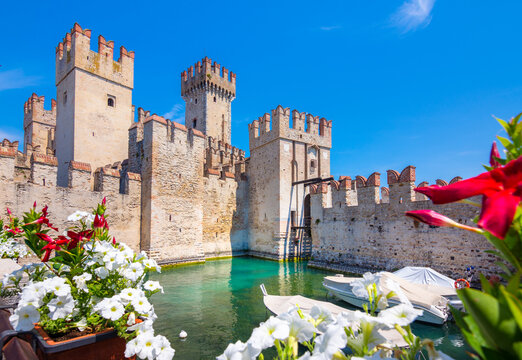 Sirmione Castle on Lake Garda, Italy, historic medieval fortress and picturesque waterfront