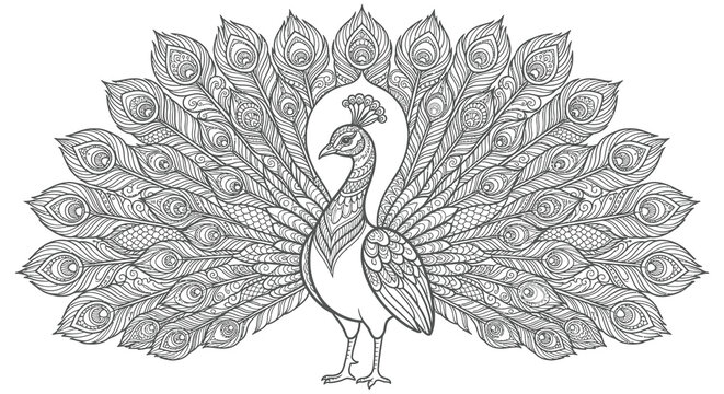 Intricate peacock illustration displays detailed feather patterns on a white background