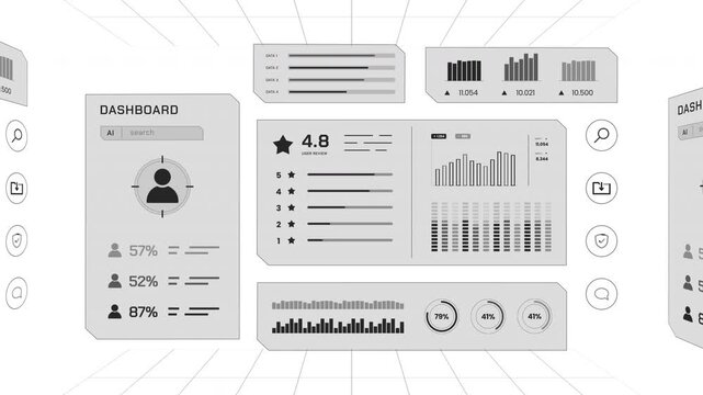 Wide 3D virtual grid space room overview presenting floating grayscale user profile reticles and customer rating dashboards.