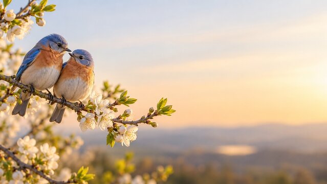 Dragobete spring love concept with couple of bluebirds perched on blooming blossom branch at sunset sky
