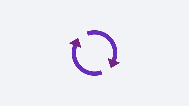 Seamless 4K looping animation of a flat sync arrows icon in purple and violet, centred on a clean light background with plenty of copy space. Simple two tone vector shapes and smooth motion. Horizonta