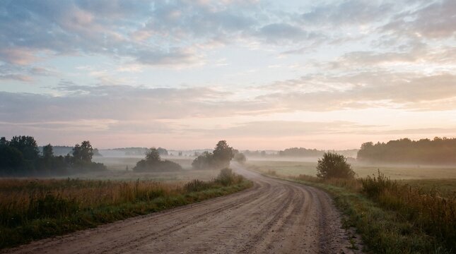 Dirt road through misty countryside field at sunrise, new beginnings concept