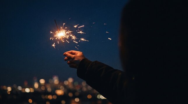 Hand holding a lit sparkler at night with blurred city lights, new year celebration