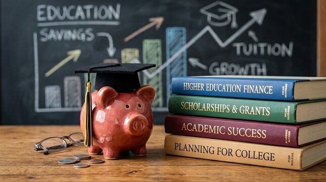 Piggy bank with graduation cap and stacked books on wooden table with education savings financial chart background
