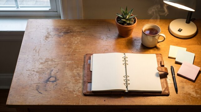 Open planner with tea, succulent and sticky notes on desk for goal planning