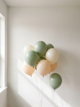 Pastel sage green, cream and peach balloons floating against a minimal white wall