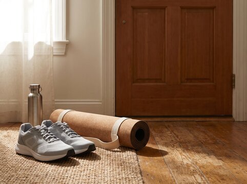 Running shoes, cork yoga mat and water bottle by the door, fitness resolution