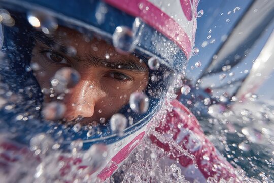 Close up portrait of person wearing colorful protective helmet and goggles as water splashes across face in dynamic outdoor scene, safety equipment