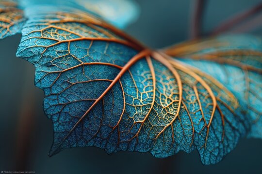 Macro view of blue leaf with intricate golden veins, curled edges, rich organic texture, and shallow depth of field in a botanical nature study