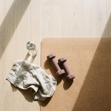 Yoga mat, dumbbells, water bottle and towel on wooden floor, home workout top view