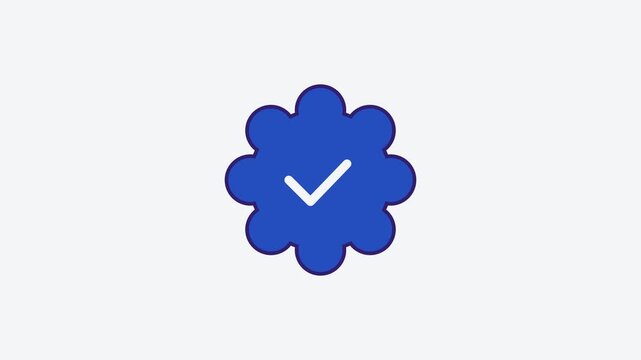 Seamless 4K looping animation of a flat verified badge icon in blue and azure, centred on a clean light background with plenty of copy space. Simple two tone vector shapes and smooth motion. Horizonta