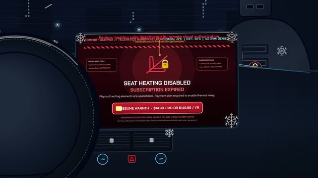 Concept animation of a futuristic car dashboard displaying a subscription expired warning for seat heating while the driver freezes during a snowstorm highlighting hardware microtransactions