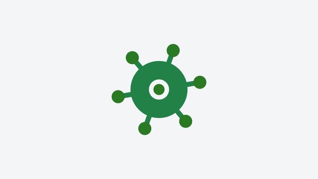 Seamless 4K looping animation of a flat virus alert icon in fresh green, centred on a clean light background with plenty of copy space. Simple two tone vector shapes and smooth motion. Horizontal 16:9