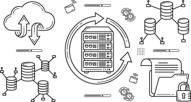 Cloud Server Datacenter Network Backup and Database Synchronization Vector Icon Set Featuring Secure Storage Managed Hosting and Information Technology Solutions