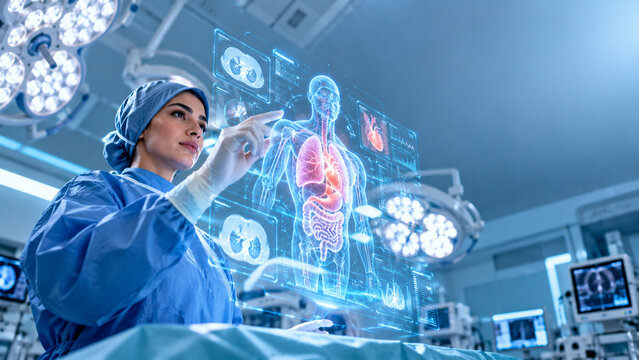 AI generated Middle Eastern female surgeon reviewing holographic human torso organ scans modern operating room advanced surgical planning technology