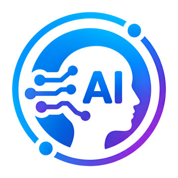 Artificial intelligence logo icon with human head profile, circuit lines and orbital ring, blue purple gradient AI emblem, machine learning technology concept isolated on white