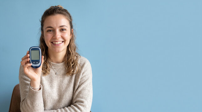A young woman with curly hair wearing a beige sweater holds a digital glucose meter in her ad social media download thambnail poster web template event festival 2026 2027 2028