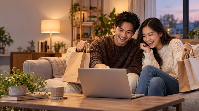 Happy young Asian couple shopping online with laptop and paper bags in cozy living room at night