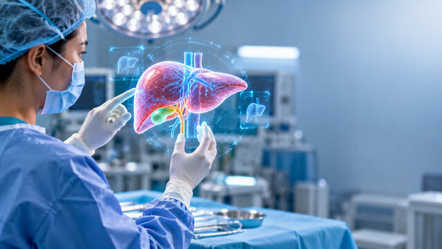 AI generated East Asian female surgeon examining glowing liver hologram sterile operating room for precise surgical planning advanced medical visualization