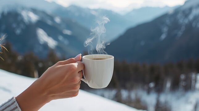 Hand holding a steaming coffee mug before a blurred mountain landscape. Coffee break and morning routine. Hot beverage, relaxation and mindful pause. Scenic mountain view and outdoor escape.