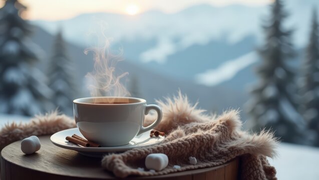 Steaming hot drink with cinnamon and marshmallows on a table against snowy mountain scenery. Winter comfort and cozy cold weather refreshment. Seasonal beverage still life.