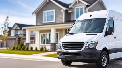 Obraz premium A modern white commercial delivery van is parked on a quiet residential street in front of a home.