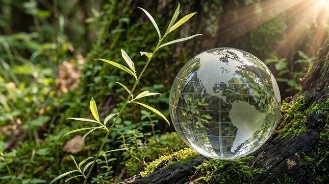 A crystal globe rests on a moss-covered log in a sun-dappled forest, symbolizing environmental conservation and the beauty of nature's ecosystem