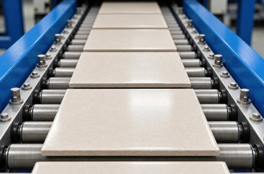 An industrial conveyor belt system transports uniform ceramic tiles through a manufacturing facility.