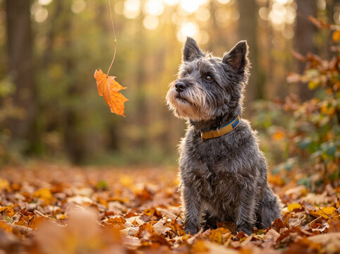 Curious Small Terrier Watching a Floating Autumn Maple Leaf in a Golden Fall Forest