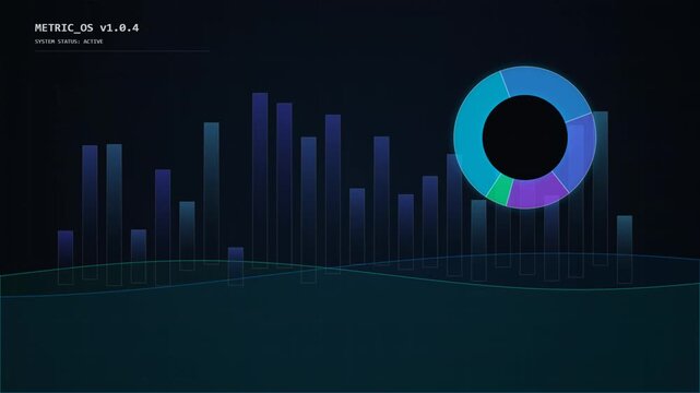 Abstract futuristic data visualization with animated bar charts and donut graph deep teal and purple hues