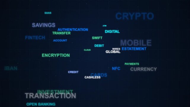 Abstract financial technology word cloud animation crypto blockchain digital payments