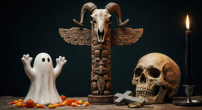 Spooky Halloween still life with ghost figurine human skull goat head altar statue and burning candle on dark background