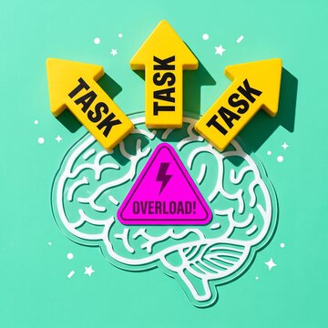 Cognitive overload and multitasking stress concept with task arrows and brain icon on green background